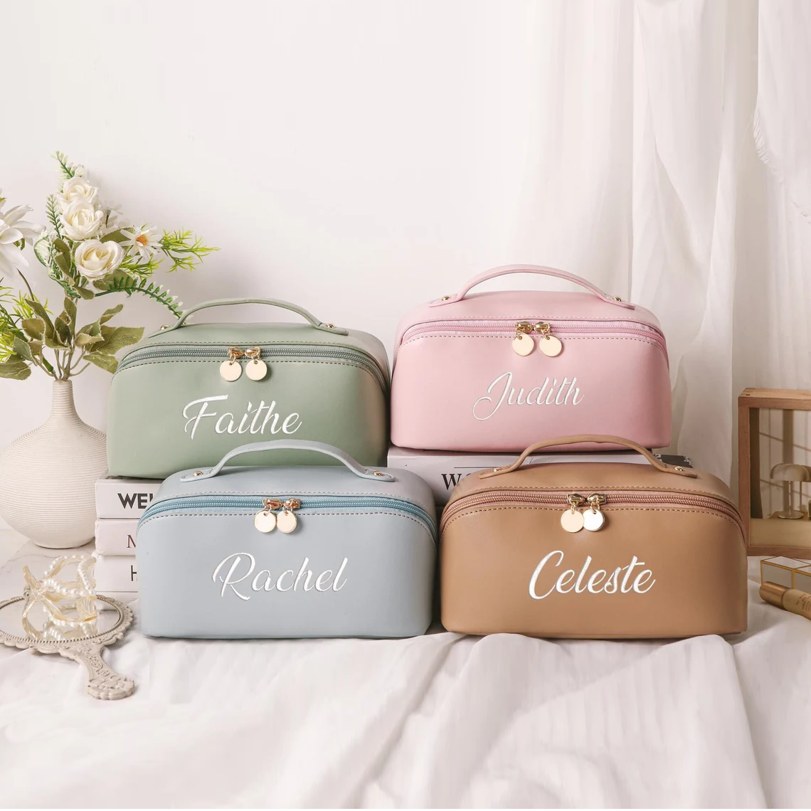 Personalized Leather Embroidered Makeup Bag, Bride Large Cosmetic Bag, Mothers Day Gift, Bridesmaid Makeup Organizer, Bridesmaid Gifts